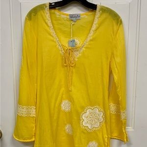 NWT Bag Lady/Mud Pie yellow with white detailing light bathing suit coverup Sm.